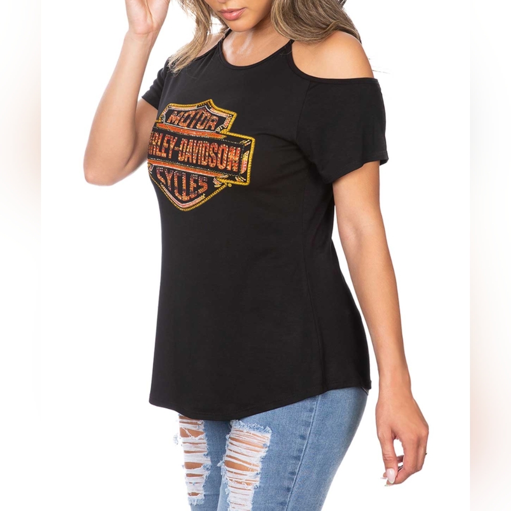 Harley Davidson Women's Fire Up Cold Shoulder Short Sleeve Black Top Size M NWT